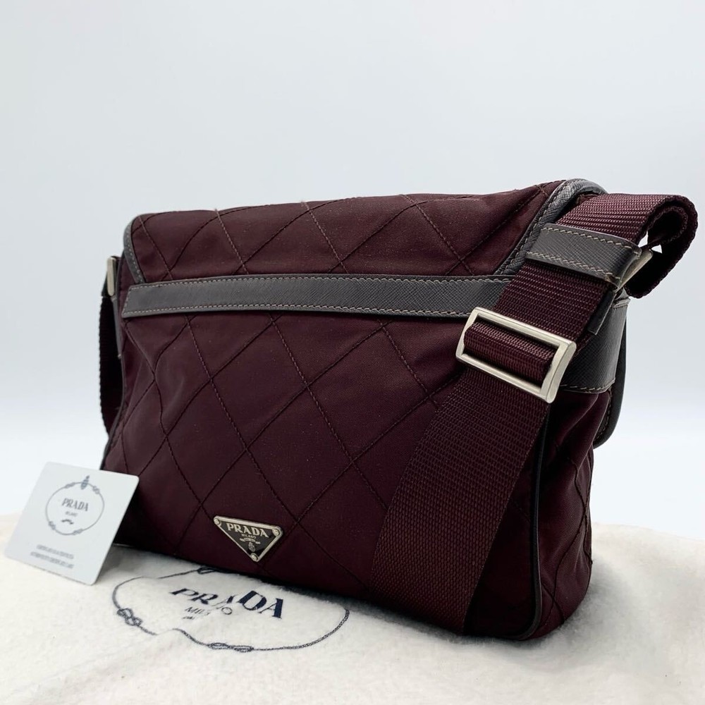 RARE PRADA quilted burgundy shoulder bag with triangle logo crossbody from Japan