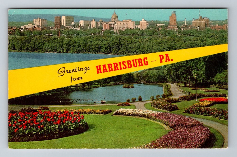 Harrisburg PA-Pennsylvania Banner Greetings Skyline Gardens Vintage Postcard