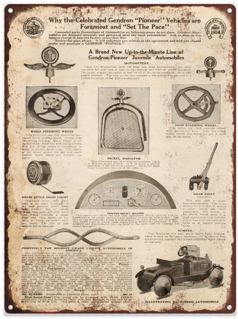 1924 Pedal Car Parts Advertising Baked Metal Repro Sign 9 x 12 60115