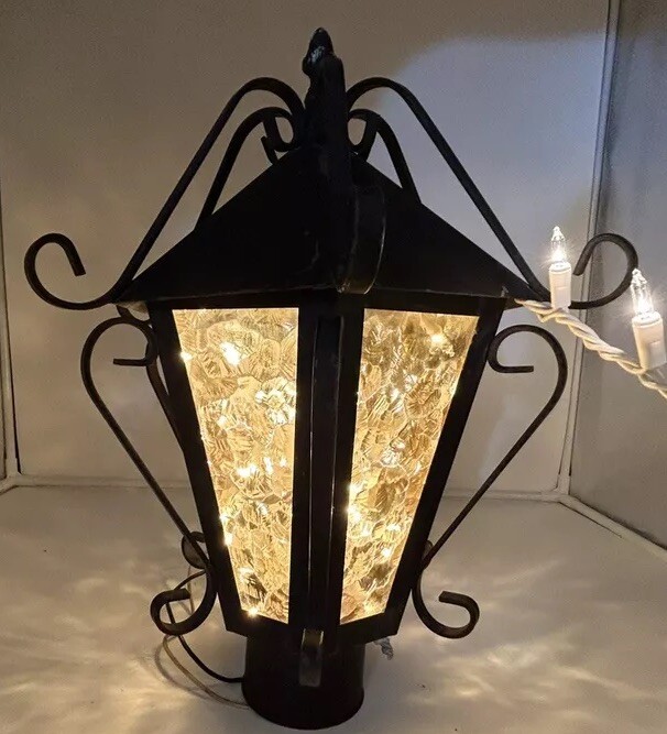 Set of 2 MCM Iron Lamps Spanish Gothic Revival Amber Glass Outdoor VTGRare 17x8”