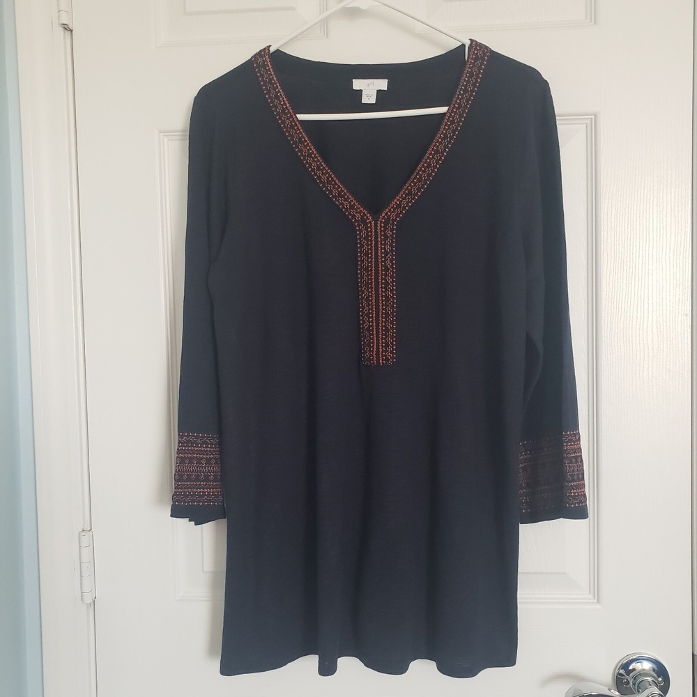 J Jill Boho Tunic Top Size M Navy Blue Embroidered Oversized Peasant Cottagecore