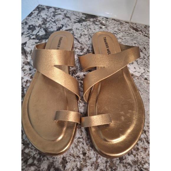 Tamara Mellon Gold Leather sandals Flip Flop Womens Size 9.5 US 40 EUR