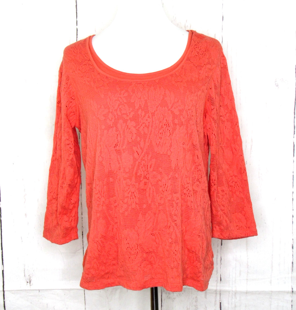 Coldwater Creek Women's Size L Lace Overlay Top 3/4 Sleeve Stretch Lining Orange