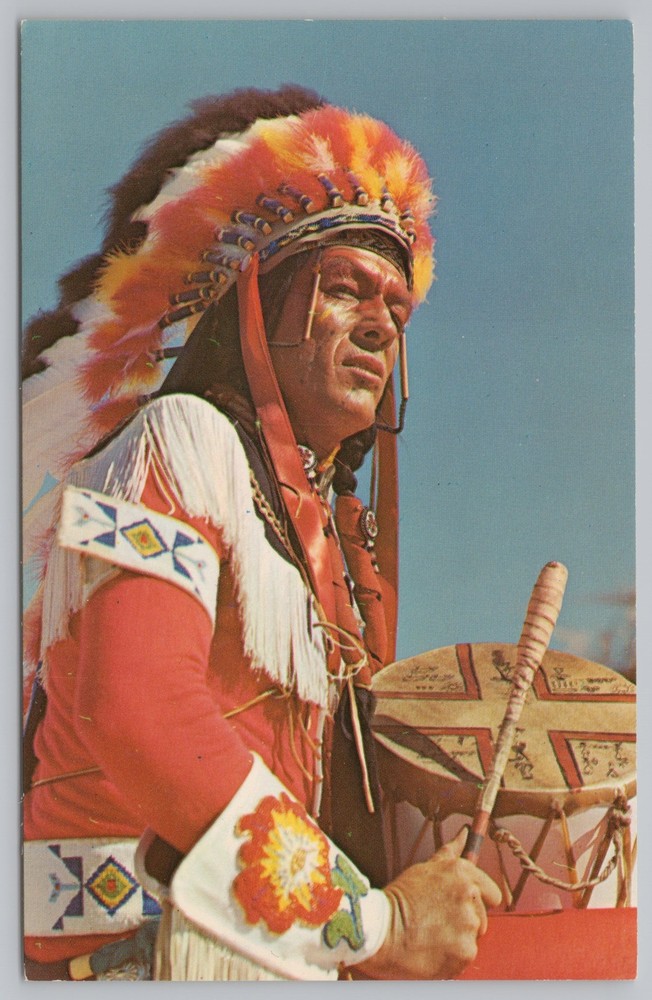 Native Americana Indian~Famous Chief With Drum~Vintage Postcard