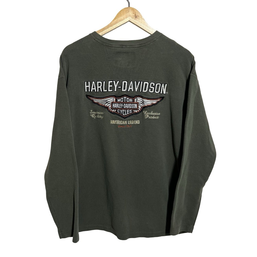 Harley-Davidson Thermal Henley Shirt Mens Medium Green Long Sleeve Biker Graphic