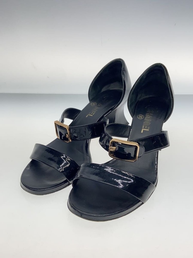 Authentic CHANEL D'Orsay Sandal Chunky Heel EU 38.0 Black Leather F/S Used