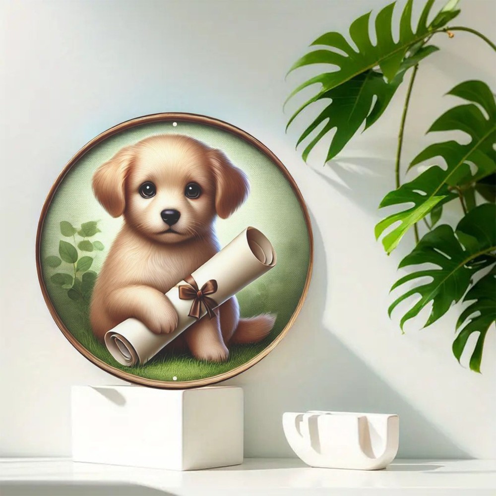 Dog Holding Scroll Box Vintage Humorous Round Aluminum Sign