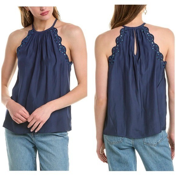 Ramy Brook Calla Halter Neck Scallop Eyelet Trim Tank Top in Navy Size L