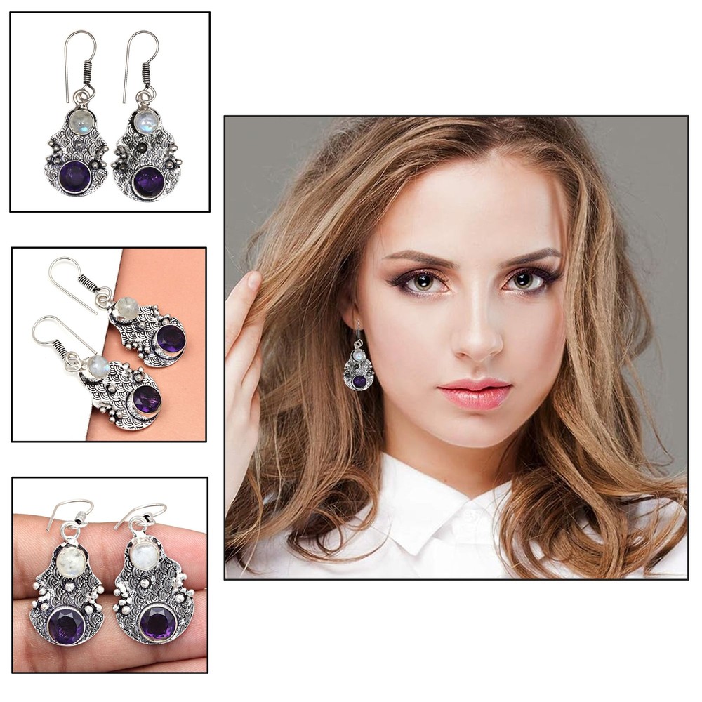 Handmade 925 Sterling Silver Amethyst Gemstone Earrings in Purple
