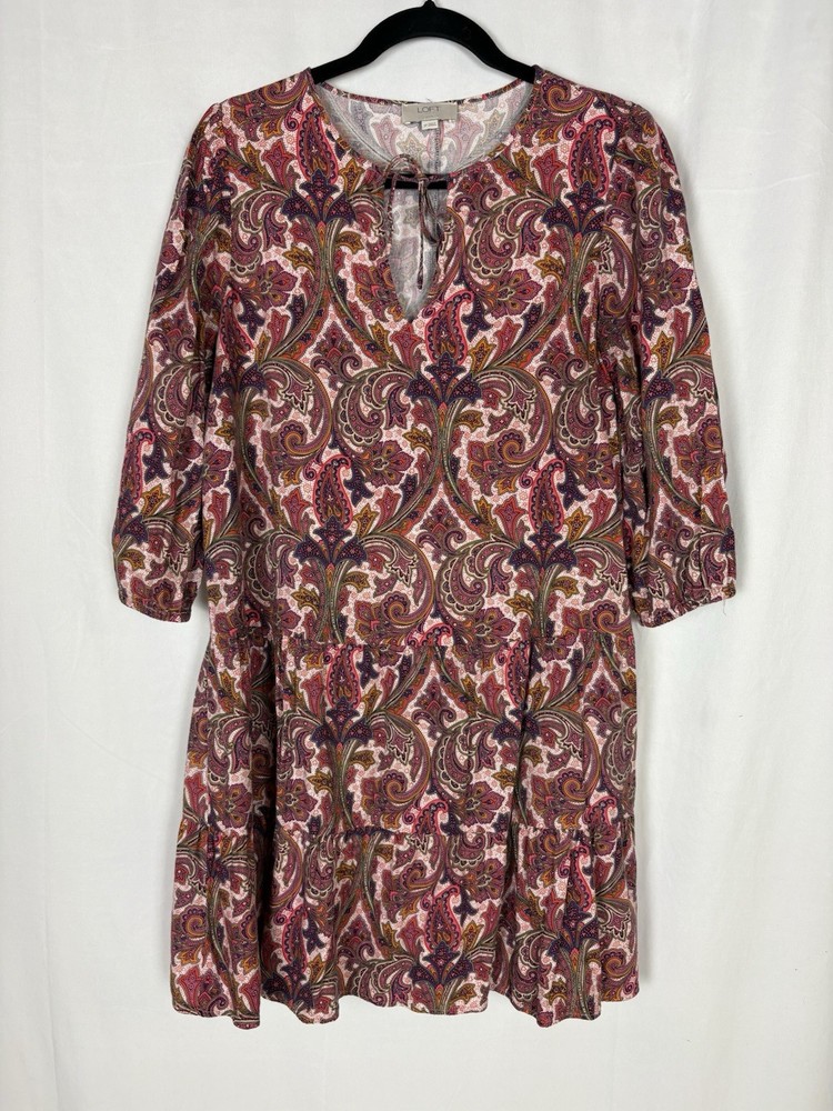 Women's LOFT Ruffled Paisley Mini Dress in Burgundy and Cream S Petitte
