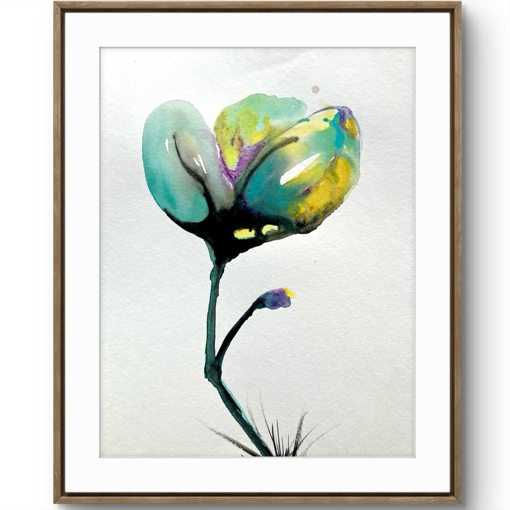 TITA PAINTZ Watercolor Single Blue Flower Minimalist Hand Painted Wall Art 9x12