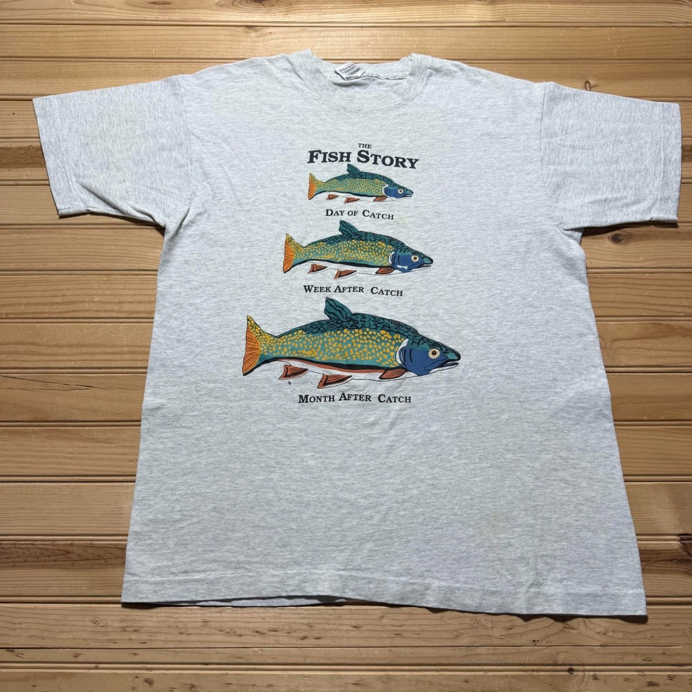 Vintage 90s The Fish Story Trout Fishing Funny Humor Graphic T-Shirt USA - Large
