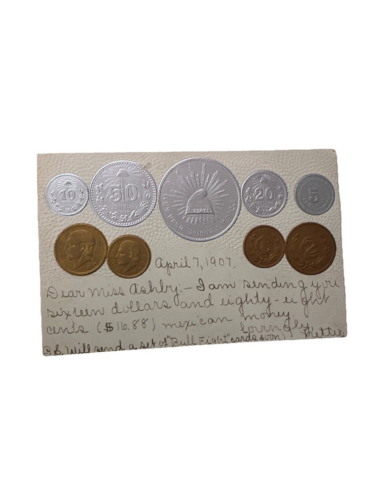 Embossed coinage national flag & coins Vtg postcard currency Republica Mexicana