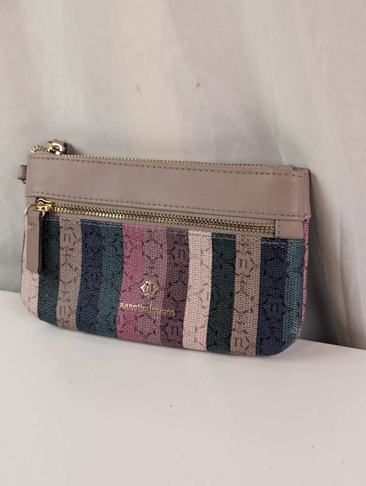Nanette Lepore Women's Vegan Leather Clutch Wristlet Wallet Beige Pink Striped