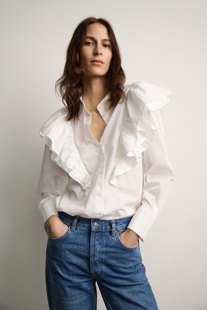 Zara White Organic Cotton Poplin Blouse with Ruffle & Button Accents XL