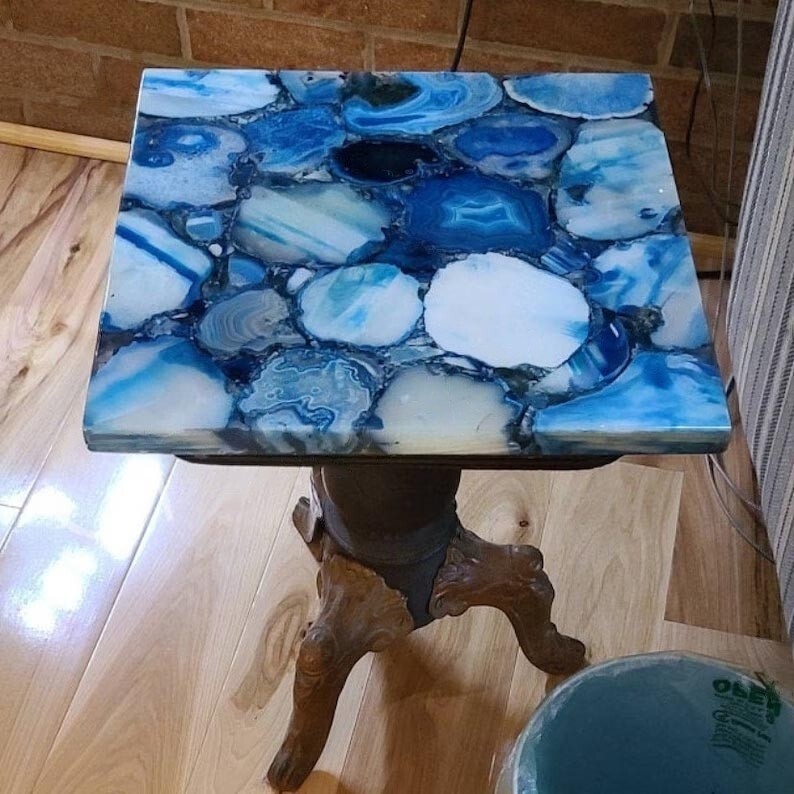 15x15 Inch Blue Coffee Agate Square Table Top with Natural Stone Design
