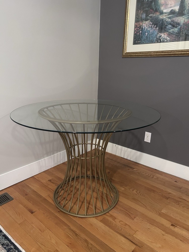 Westwood Round Glass Dining Table with Metal Base In Gold