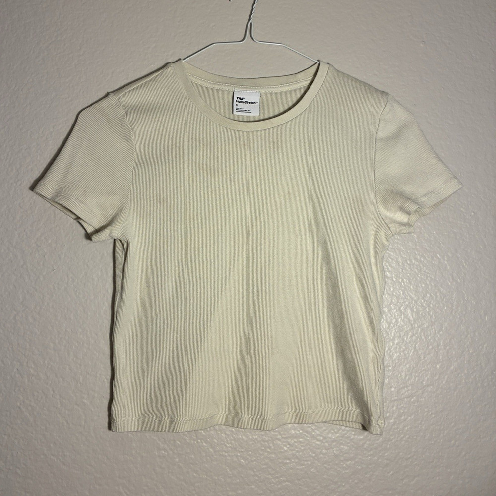 Aritzia Cream Butter Yellow Ribbed Crew Neck Short Sleeve Stretch Tee Shirt S