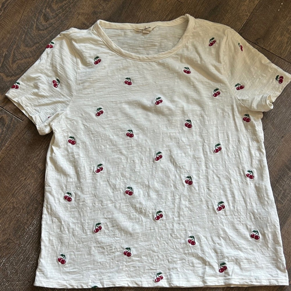 Lucky Brand Cream Embroidered Cherry Slub Knit Short Sleeve Tee Shirt Large
