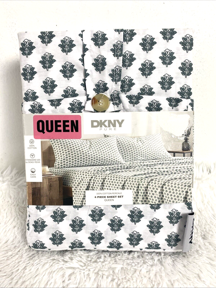 DKNY Queen Sheet Set White OEKO TEX 100% Cotton Percale 4 Pieces Wyra Floral