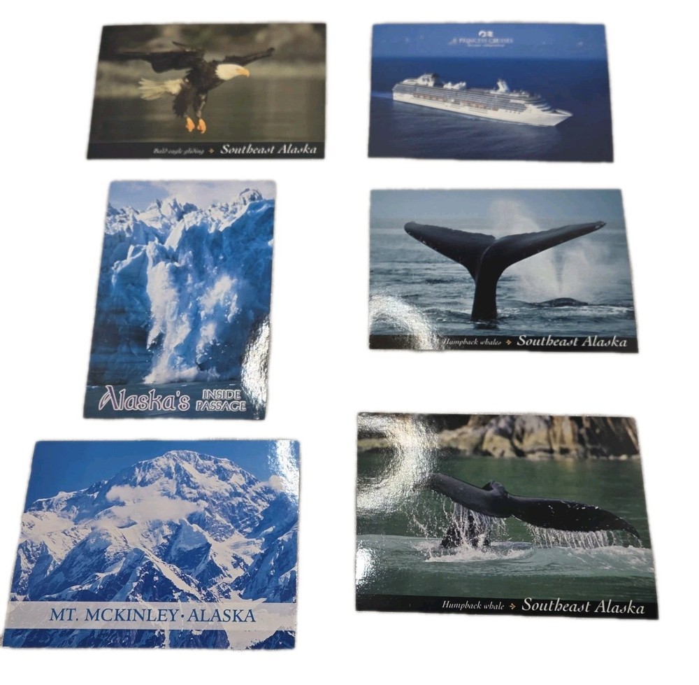 Vintage Alaska Ephemera Lot 6 Postcards Whales Glaciers Bald Eagle Cruise Ship..
