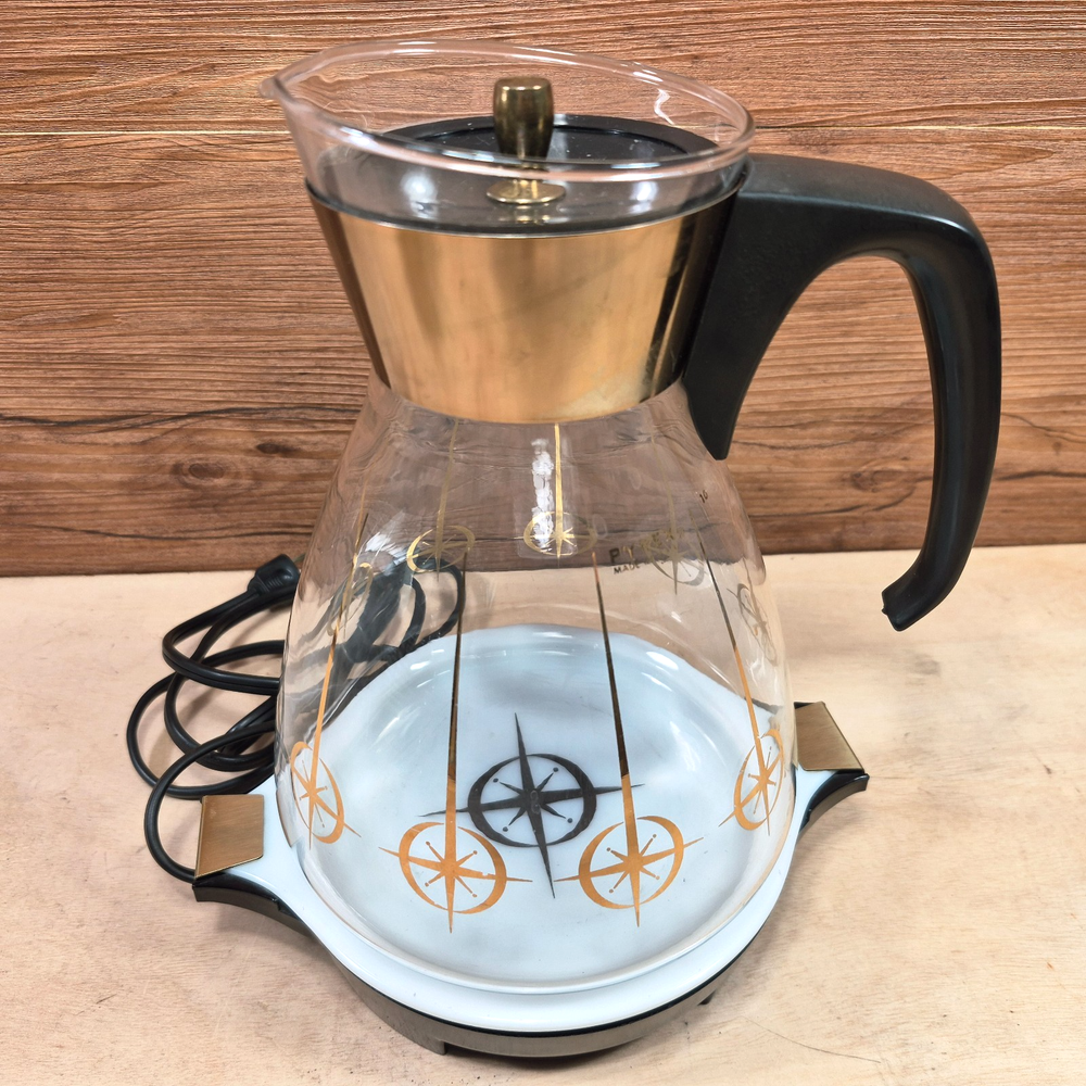 VTG Mid-Century PYREX Atomic Burst Coffee Carafe 10 Cup W/Electric Warming Plate