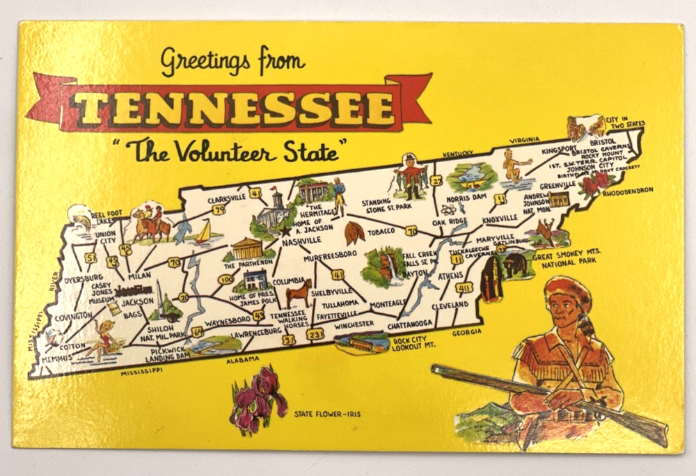 Postcard Greetings From Tennessee The Volunteer State Map Postcard Dexter Chrome