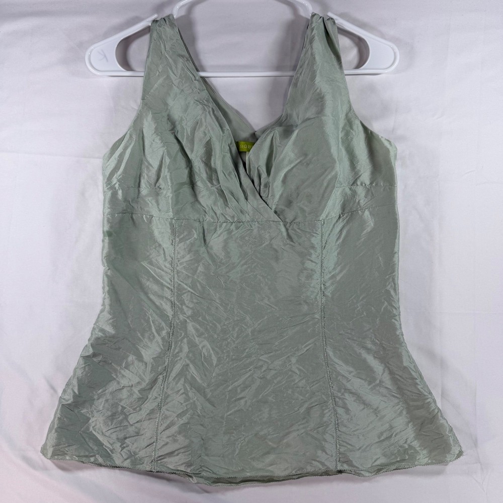 Sigrid Olsen Women Sage Green 100% Silk V-Neck Sleeveless Peplum Top Size S