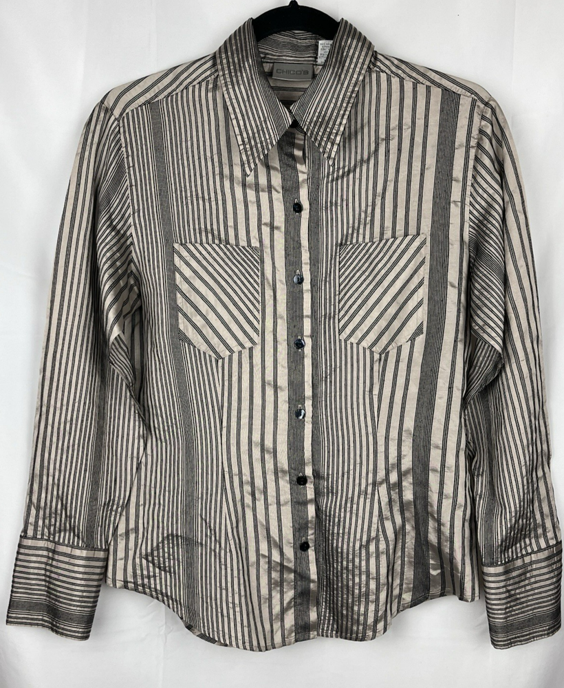 Chico's Striped Silk Blend Button Up Shirt Women's Size 0 Bronze Black Y2K Retro