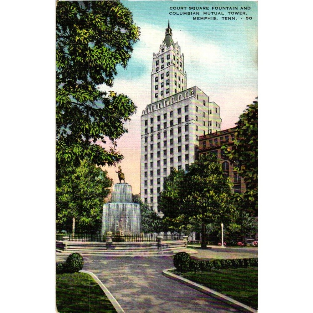 Vintage Memphis TN Postcard Court Square Fountain Columbian Mutual Tower Linen