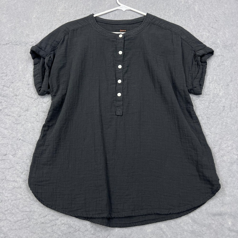 Quince Top Women's Medium Black 100% Organic Cotton Gauze Roll Sleeve Shirt