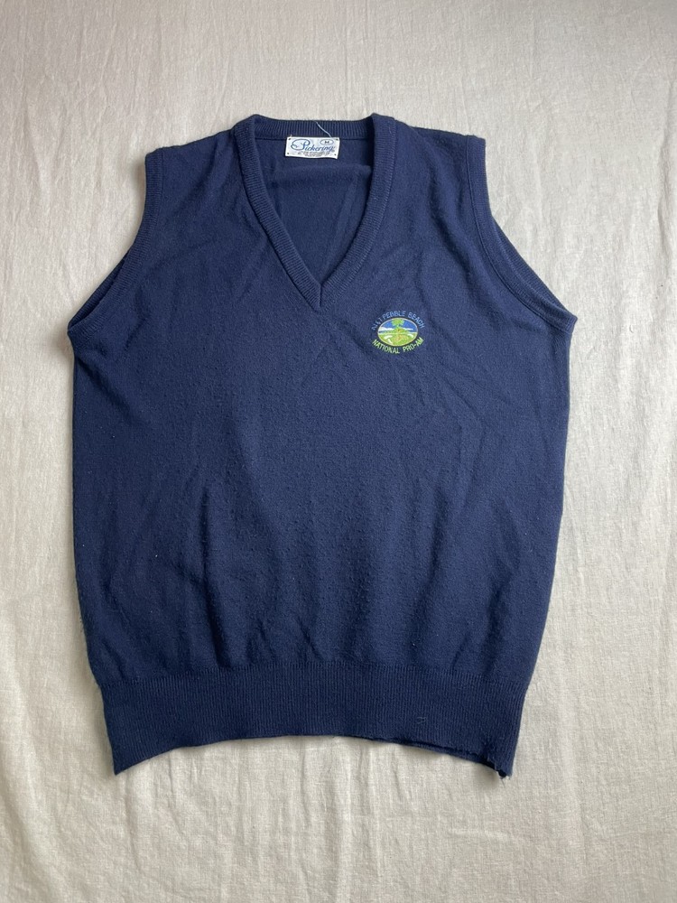 Vintage 80s 90s T&T Pebble Beach Golf Blue Mens M Knit Preppy USA Sweater Vest