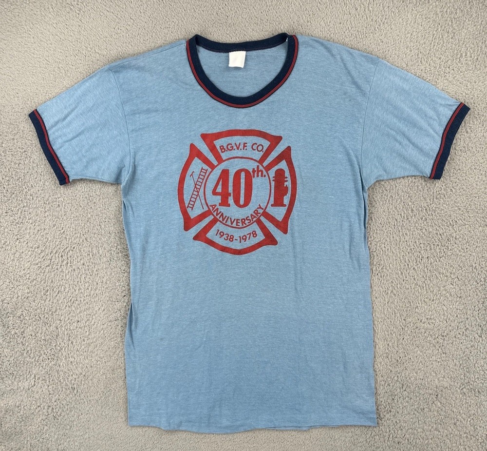 Vtg B.G.V.F. CO 49th Anniversary 1978 XL Blue Ringer Firefighter Paper Thin Tee