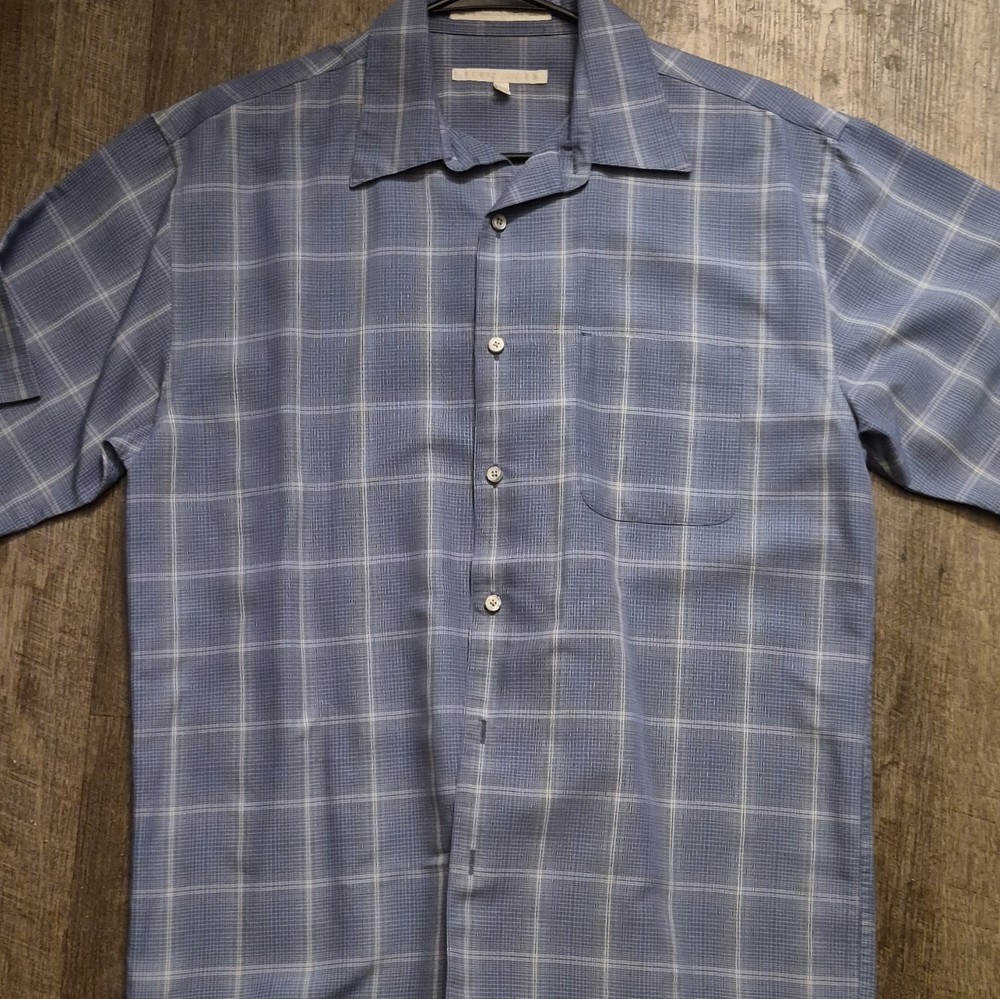Perry Ellis Men's Blue Plaid Short Sleeve Button-Up Shirt, Size M Regular