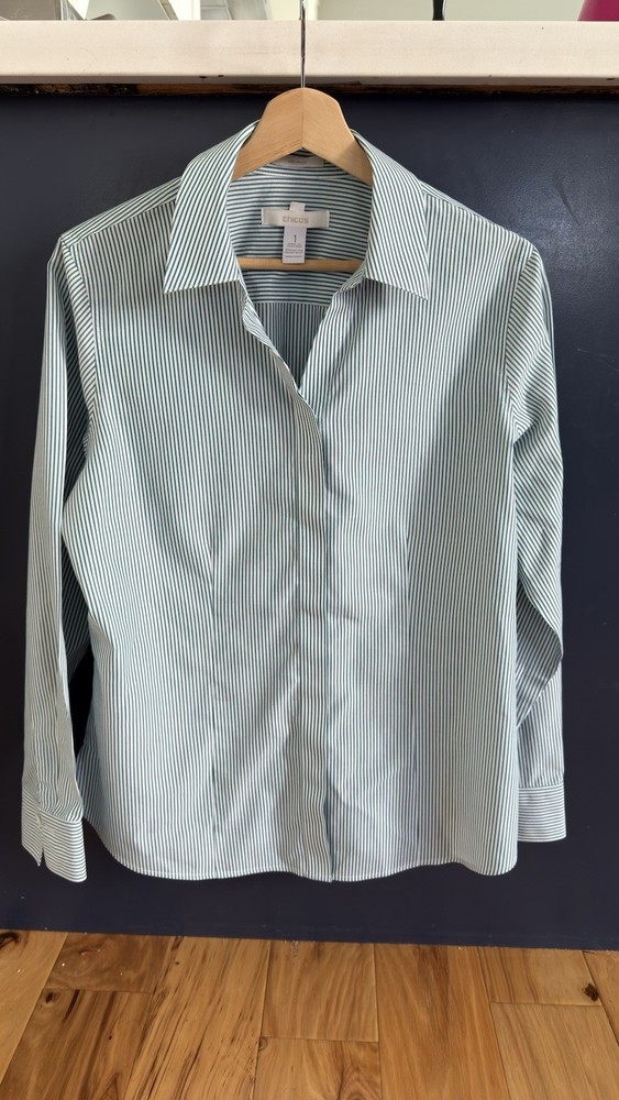 Chico's No-Iron Striped Button-Up Shirt Womens Size 1 Green White Metallic