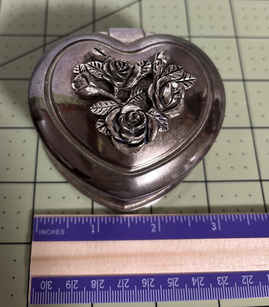 Vintage Heart Shaped Silver Trinket Jewelry Box Rose Engraving Red Velvet Lined