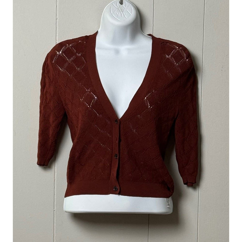 Zara Women's Rust Brown Pointelle Knit V-Neck Cardigan Sweater 3/4 Sleeve Size S