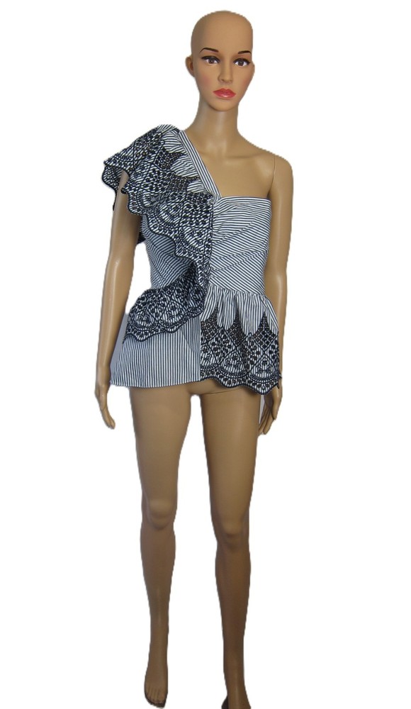 BCBG MAXAZRIA Women Peplum One Shoulder Eyelet Poplin Back Zipper Top Size 08