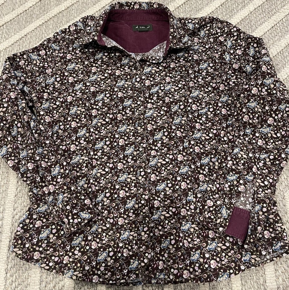 Vintage Eddie Bauer Button Up Shirt Womens Large Brown Floral 100% Cotton Boho