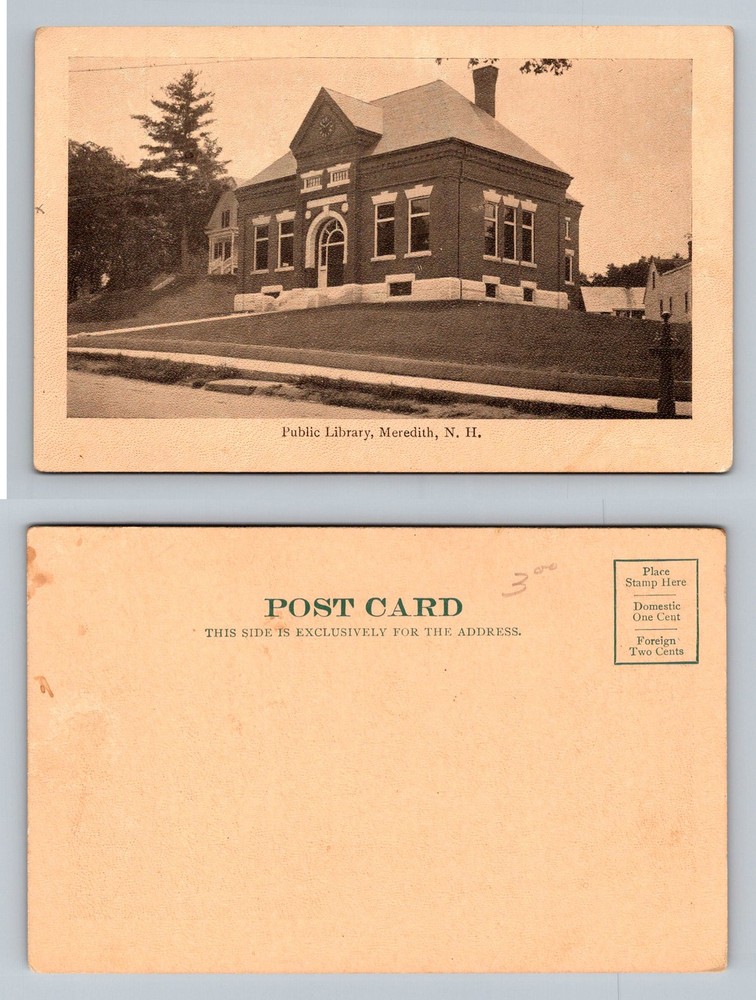 Meredith, NH-New Hampshire, Public Library Hillside Brick Bldg. Vintage Postcard