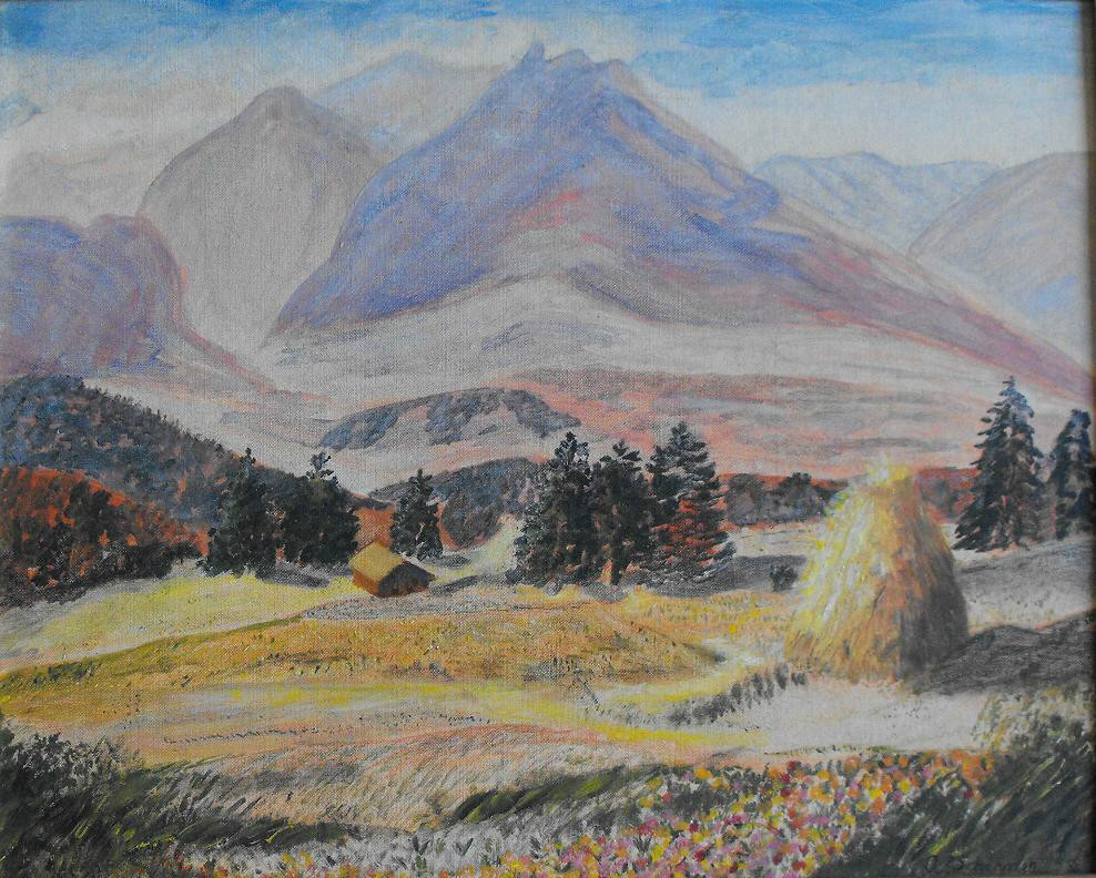 WESTERN MOUNTAIN LANDSCAPE Oil-Canvasboard A. SCHRANER 1958