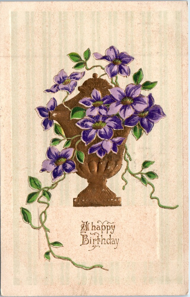 Vintage - Lovely Purple Flowers in Gilt Vase Embossed Birthday - Postcard - P12
