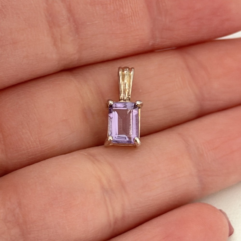 Vintage 925 Sterling Silver Genuine Emerald Cut Amethyst Small Charm Pendant