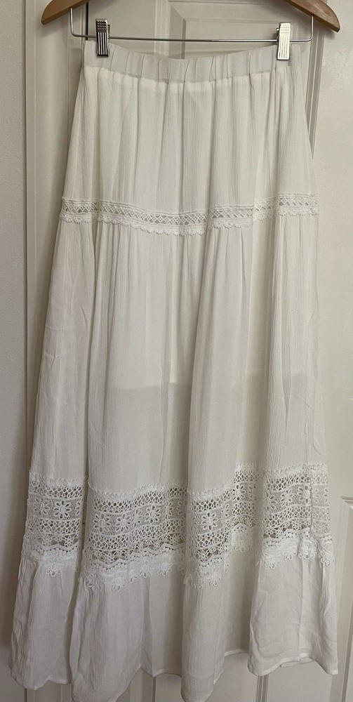 Shein White Maxi Skirt Sz M Crochet Boho Festival Beachy Summer Cottage