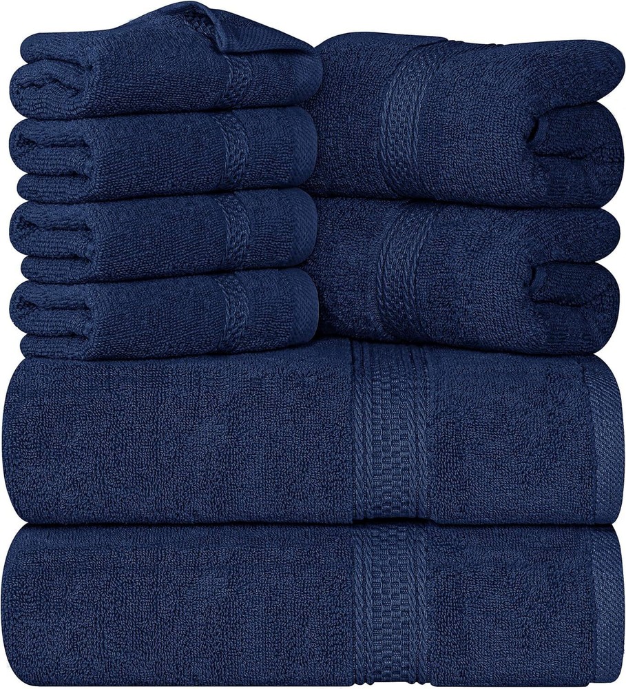 Utopia 600 GSM Navy Blue Cotton Towel Set 8-Piece Super Absorbent