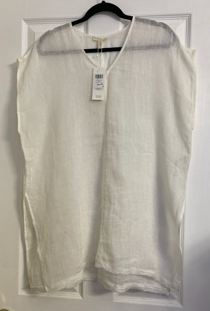 NWT $ $218 Eileen Fisher White Organic Linen Gauze V-Neck Top M