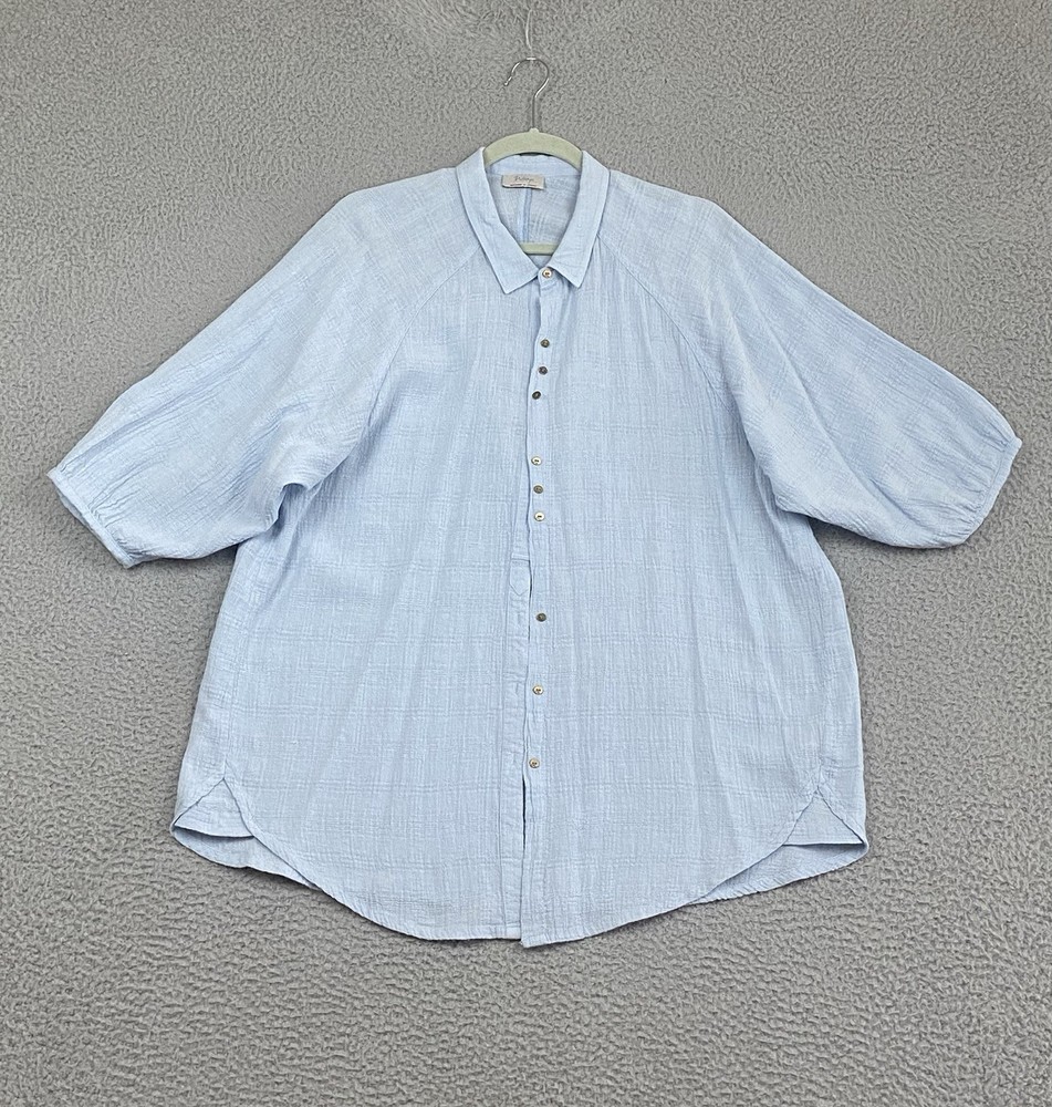 Wrap London Shirt Size 12 Blue Button-Up Blouse Linen Cotton Gauze Coastal EXC