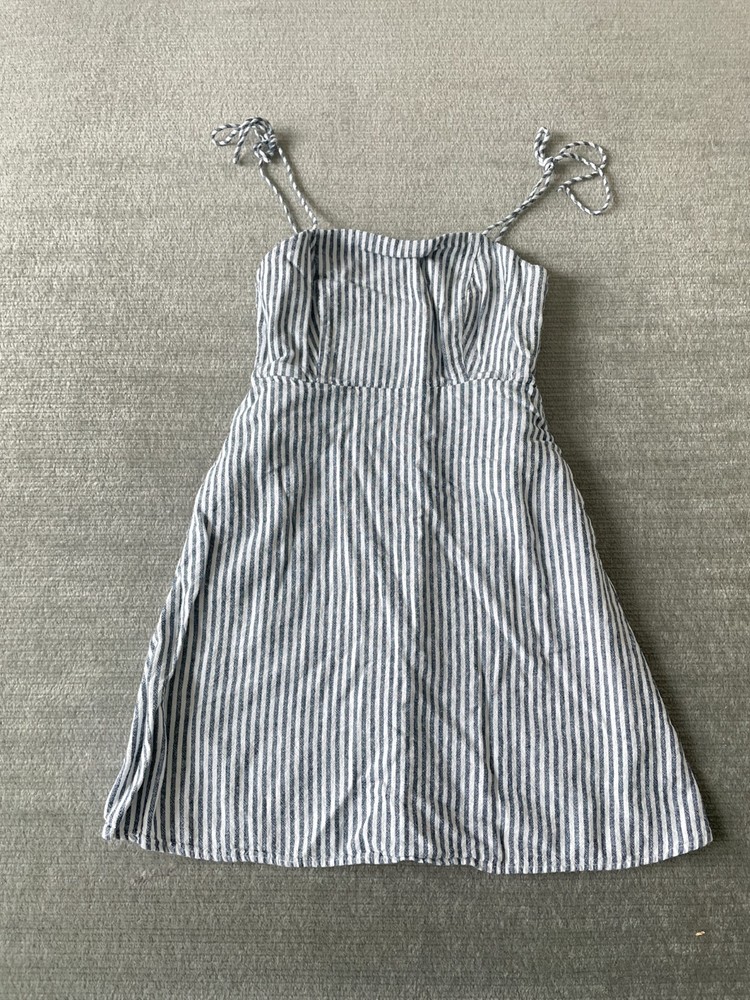 Old Navy Dress Women S Blue Stripe Cami Tie Linen Blend Smocked Pockets