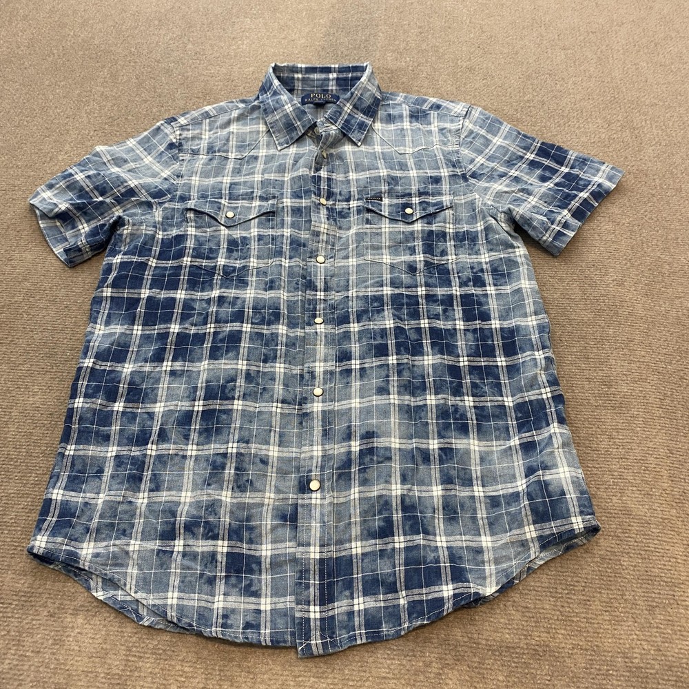 Polo Ralph Lauren Shirt Boys Large 14/16 Plaid Linen Cotton Western Pearl Snap