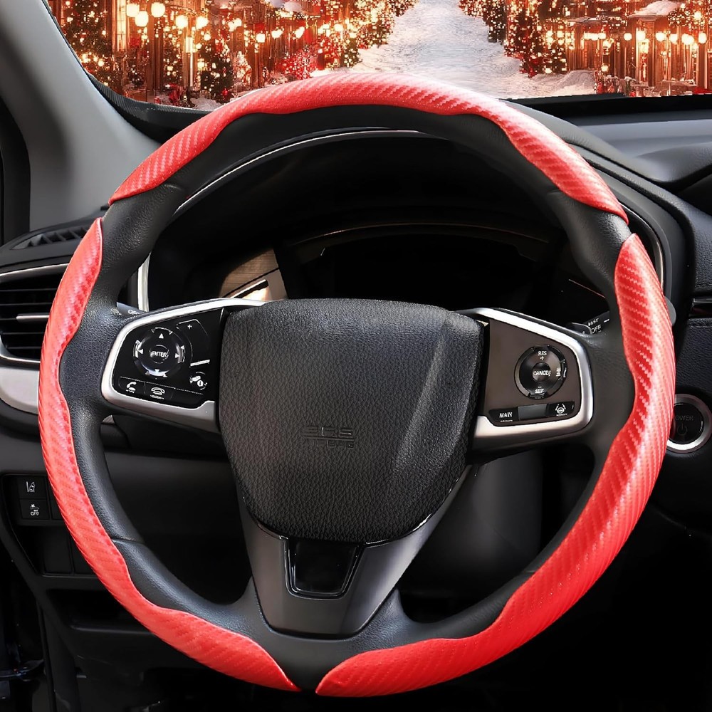 3 Pcs Carbon Fiber Car Steering Wheel Cover, Anti-Skid & 3 PCS, Red